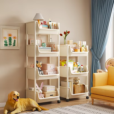 White Multi Tiered Storage Shelves With Books Toys And Decorations In Living Room 3d model