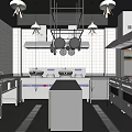 Modern Commercial Kitchen With Stainless Steel Equipment Central Island And Hanging Cookware