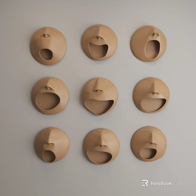 Round Brown Wall Decor with Various Facial Expression Designs for Modern Interior 3d model 