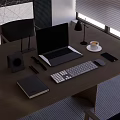 Modern Workspace Setup With Laptop Keyboard Coffee And Digital Clock 3d model