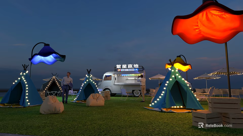 Outdoor Camping Event With Lighted Tents Food Truck And Decorative Umbrella Lights On Grass 3d model 