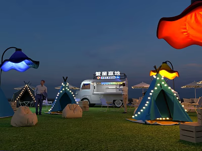 Outdoor Camping Event With Lighted Tents Food Truck And Decorative Umbrella Lights On Grass 3d model