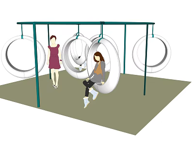 Outdoor Playground Equipment With Multiple Hanging Circular Swings On Green Metal Frame 3d model