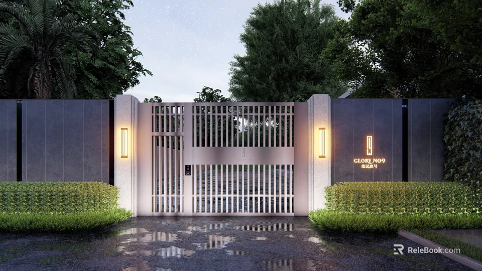 Modern Entrance Gate With Metal Slats Lighting And Green Shrubs At Clover Park Residence 3d model 