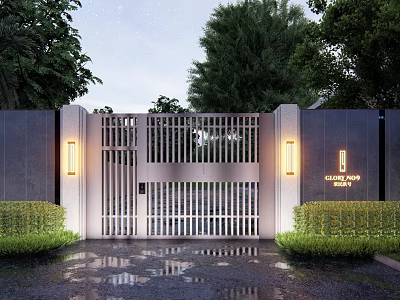 Modern Entrance Gate With Metal Slats Lighting And Green Shrubs At Clover Park Residence 3d model