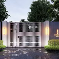 Modern Entrance Gate With Metal Slats Lighting And Green Shrubs At Clover Park Residence