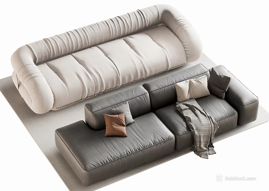 Sectional Sofas In Light Fabric And Dark Leather With Throw Pillows And Blanket 3d model