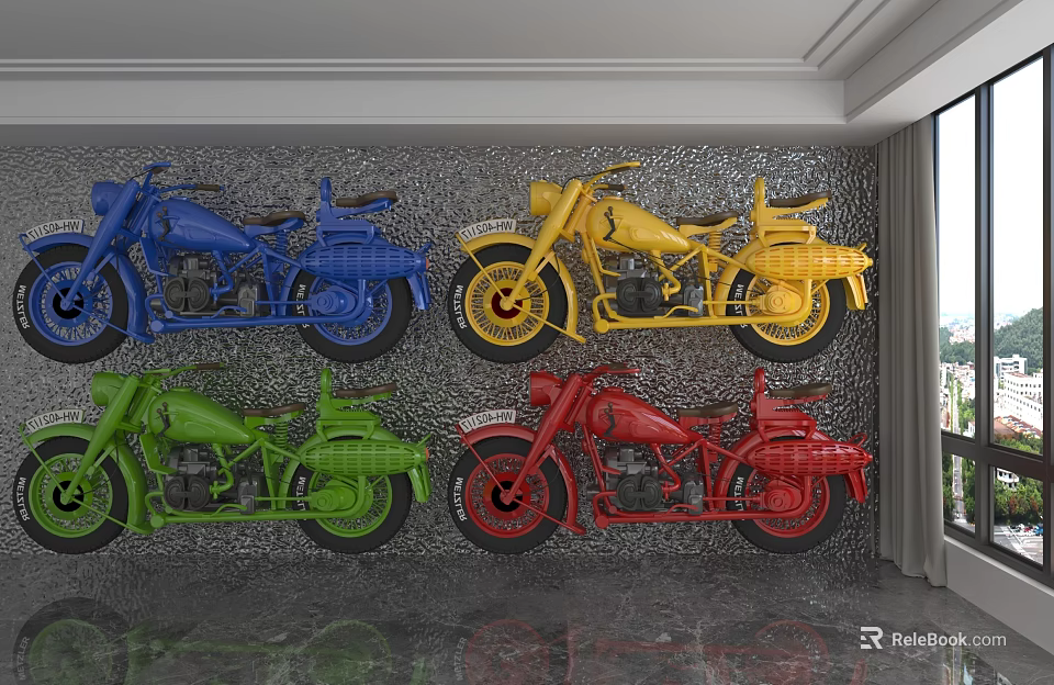 Vibrant Blue Yellow Green Red Motorcycles Displayed On Wall Interior Decor 3d model 
