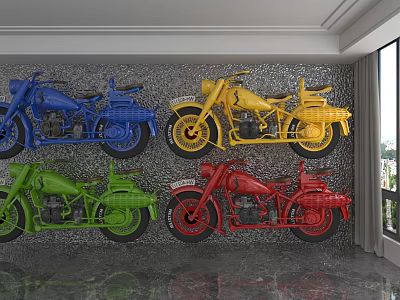 Vibrant Blue Yellow Green Red Motorcycles Displayed On Wall Interior Decor 3d model