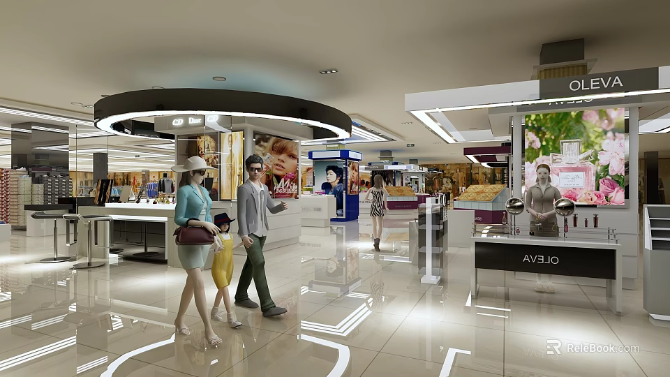Bright Modern Shopping Mall Lobby With Shoppers Brand Counters And Sleek Floors 3d model 