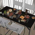 Modern Glass Top Dining Table Set With White Chairs And Assorted Food