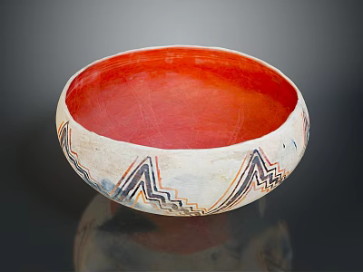 Artistic Hand Carved Bowl With Red Interior And Geometric Exterior Patterns 3d model