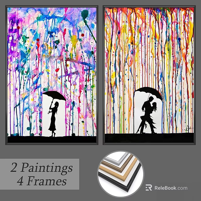 Picture Frames Featuring Two Paintings Colorful Dripping Background Black Silhouette Figures With Umbrellas 3d model 