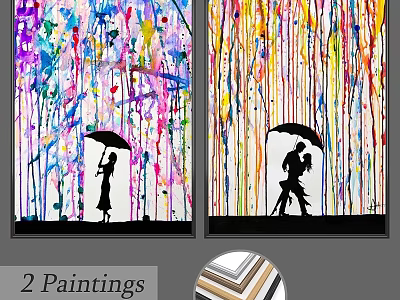 Picture Frames Featuring Two Paintings Colorful Dripping Background Black Silhouette Figures With Umbrellas 3d model