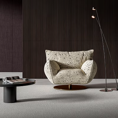 Modern Upholstered Leisure Chair With Curved Arms Swivel Base And Floor Lamp In Living Room 3d model