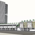 Vibrant Commercial Street With Modern High Rise Buildings And Lush Green Trees