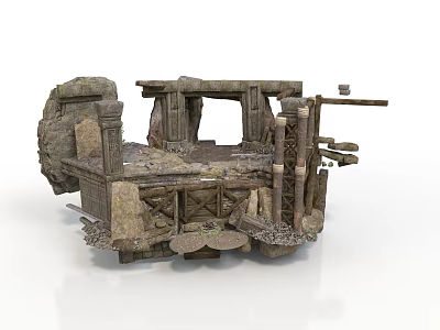 Ancient Ruined Architectural Structure Featuring Stone Walls Wooden Beams And Platform Elements 3d model