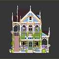 Colorful Decorated Building With Blue Pink Walls Vines Flowers Balcony And Pointed Roof