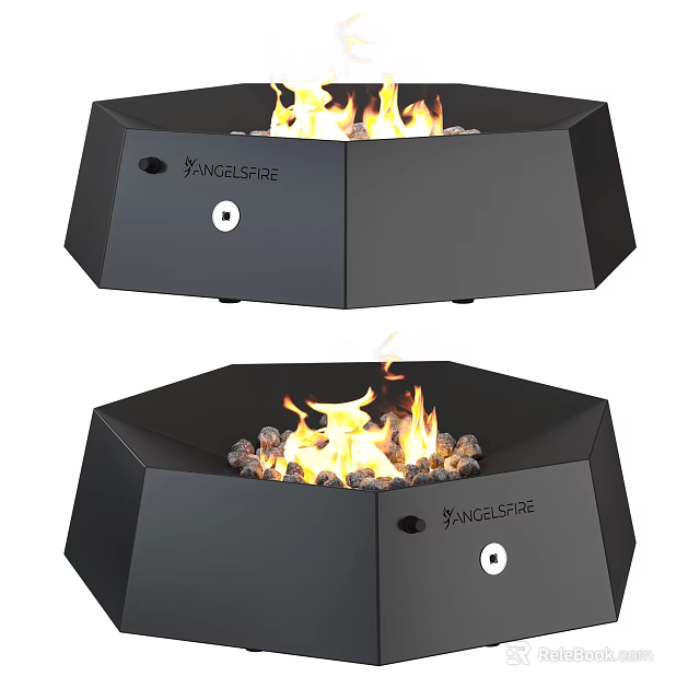 Angel Fire Black Octagonal Fireplace With Burning Flames And Decorative Pebbles 3d model