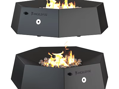 Angel Fire Black Octagonal Fireplace With Burning Flames And Decorative Pebbles 3d model