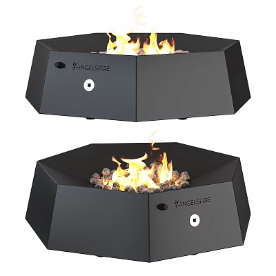 Angel Fire Black Octagonal Fireplace With Burning Flames And Decorative Pebbles 3d model