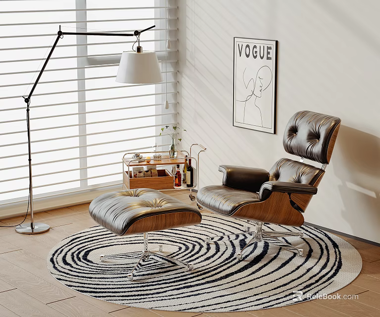 Modern Leather Lounge Chair with Ottoman Wooden Base Circular Rug Floor Lamp and Blinds 3d model 