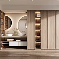 Modern Bathroom Vanity Cabinet With Double Sink Circular Mirror Wooden Shelves And Recessed Lighting