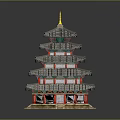 Ancient Multi story Pagoda with Traditional Roof Overhanging Eaves and Yellow Ornament