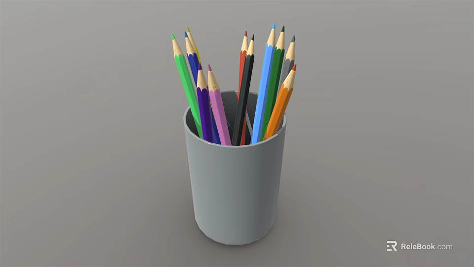 Set of Vibrant Colored Pencils Placed in a Gray Cup Holder 3d model 