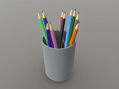 Set of Vibrant Colored Pencils Placed in a Gray Cup Holder 3d model