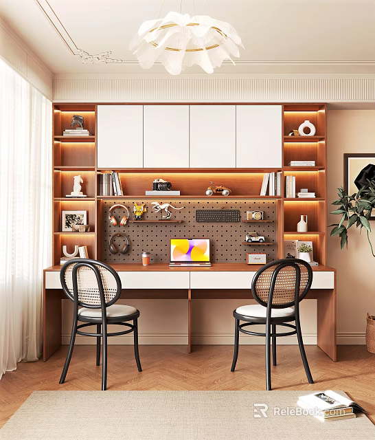 Modern Home Office Desk With Wooden Bookshelves White Cabinets Books Decorations Laptop And Chairs 3d model 