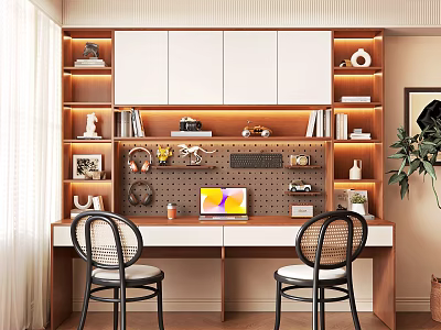 Modern Home Office Desk With Wooden Bookshelves White Cabinets Books Decorations Laptop And Chairs 3d model