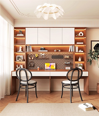 Modern Middle Ancient Desk Computer Desk Adult Desk Bookcase Decorations Rattan Chair 3d model