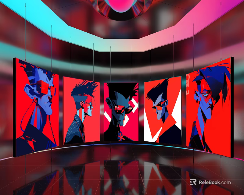 Anime Character Display With Multiple Screens Colorful Curved Lighting And Reflective Floor 3d model 
