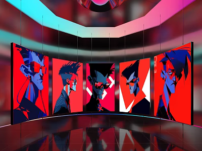 Anime Character Display With Multiple Screens Colorful Curved Lighting And Reflective Floor 3d model
