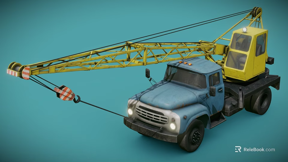 Yellow Crane Mounted On Blue Truck With Metal Hook And Lights 3d model 