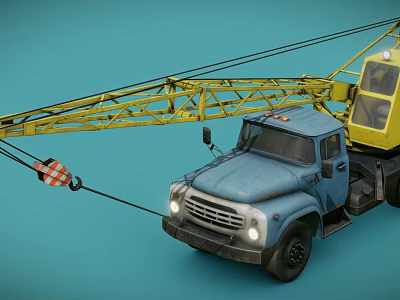 Yellow Crane Mounted On Blue Truck With Metal Hook And Lights 3d model
