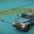 Yellow Crane Mounted On Blue Truck With Metal Hook And Lights