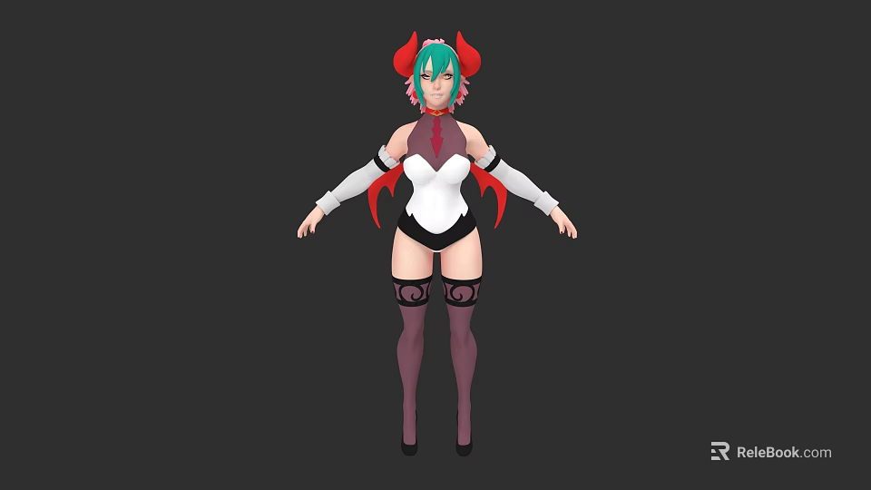 Anime Fantasy Character With Red Horns Green Hair And White Black Outfit Design 3d model 