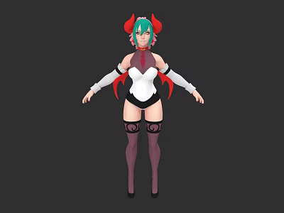 Anime Fantasy Character With Red Horns Green Hair And White Black Outfit Design 3d model