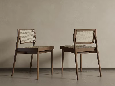 Minimalist Wooden Dining Chairs With Woven Back And Seat In Light Wall Room 3d model