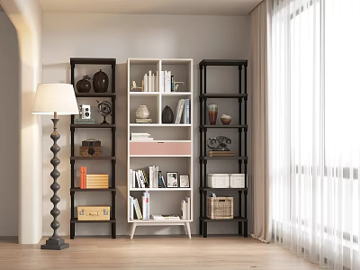 Three Modern White and Dark Display Cabinets with Books Vases And Decor in Living Room 3d model
