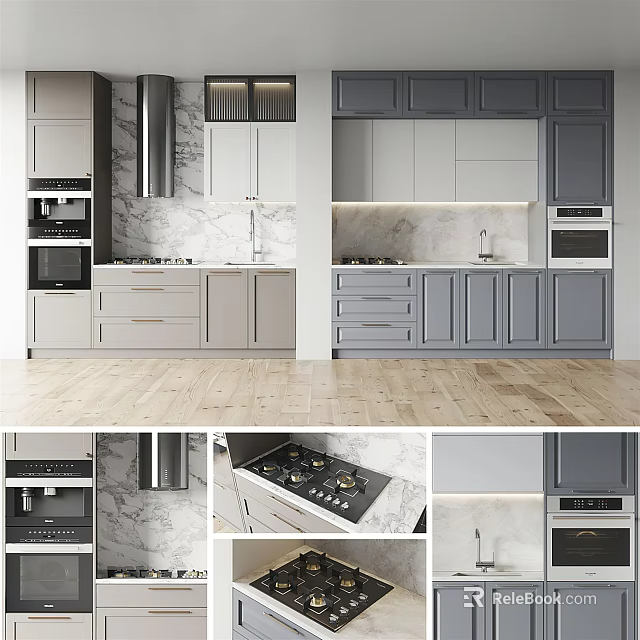 Modern Kitchen With Stylish Gray And White Cabinets Featuring Marble Countertops And Built In Appliances 3d model 