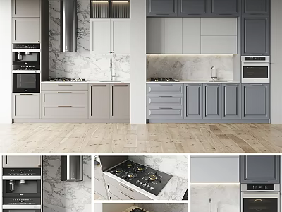 Modern Kitchen With Stylish Gray And White Cabinets Featuring Marble Countertops And Built In Appliances 3d model