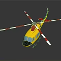 Yellow Aerospace Helicopter With Red White Rotors Against Black Background