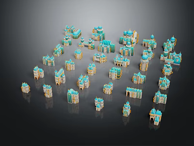 European Style Architecture Miniature Models Arranged With Turquoise And Gold On Black Background 3d model