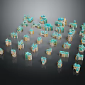 European Style Architecture Miniature Models Arranged With Turquoise And Gold On Black Background
