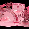 Pink Themed Decorative Scene With Curved Arch Cherry Blossom Trees And String Lights