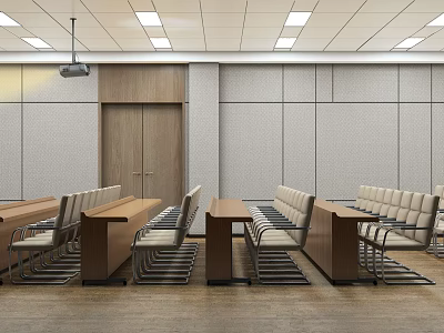 Modern Conference Room Interior With Long Wooden Table Chairs And Ceiling Lights 3d model