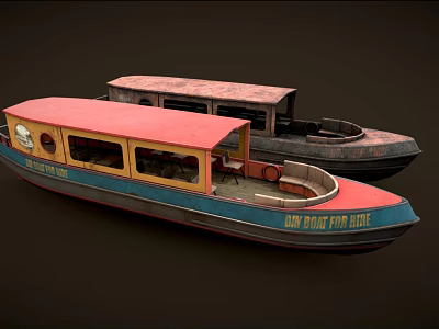 Old Colorful Yacht With Red Roof Blue Bottom Windows And Ride Line Sign 3d model